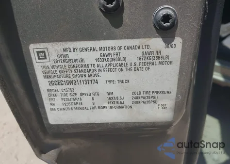 2001 Chevrolet Silverado 1500 Ls from USA, damaged, VIN 2GCEC19W311137174